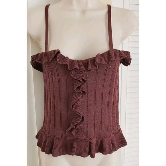 NEW ZARA CHOCOLATE POINTELLE KNIT RUFFLE CAMI TOP SZ MEDIUM - Picture 2 of 6